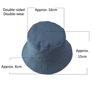 Blue reversible cotton bucket hat for sun protection with size dimensions shown