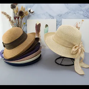 Cappello di paglia a tesa larga con fiocco in nastro di lino per vacanze in stile francese