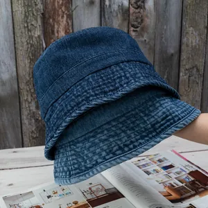 Women Retro Washed Denim Bucket Hat Casual Solid Color Sun Protection Outdoor Travel Basin Cap Fisherman Hat