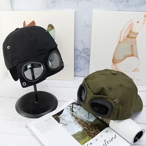 Casquette de baseball aviateur avec lunettes intégrées en toile noire et vert armée