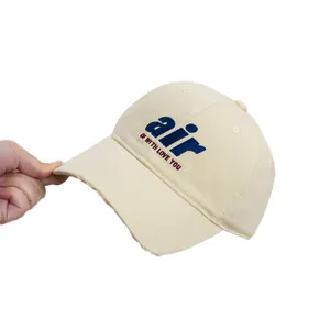 Retro beige cotton baseball cap with air embroidery and distressed brim for kids
