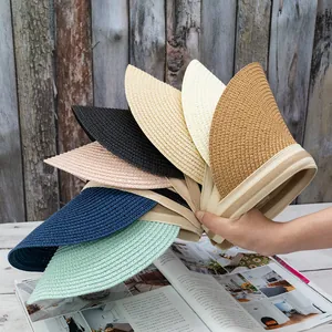 Women Casual Straw Braided Sun Visor Hat Open Top Beach Hat Striped Ribbon Band UV Protection Adjustable Summer Hat