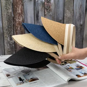 Straw open top sun visor hat set in beige, black, navy, and khaki for beach travel