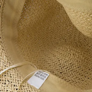 Detail of 100% paper straw hat weave texture with internal sweatband and care label