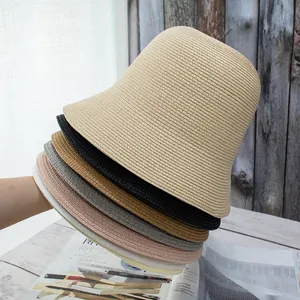Women Summer Breathable Paper Straw Bucket Hat Vintage Japanese Style Round Top Sunshade Woven Sun Hat Beach Travel