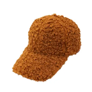 Brown fuzzy lamb wool baseball cap for women with a minimalist solid color design