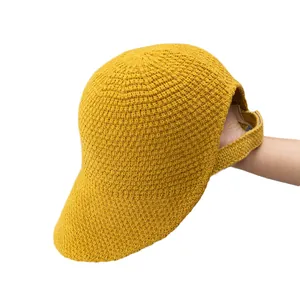 British style mustard yellow knit equestrian sun hat with adjustable back buckle closure