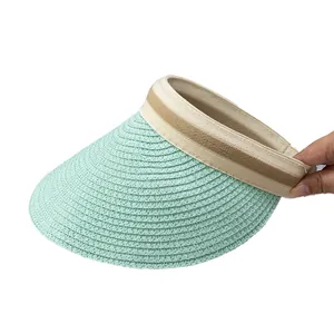 Adjustable woven straw visor in mint green and beige for women outdoor sun protection