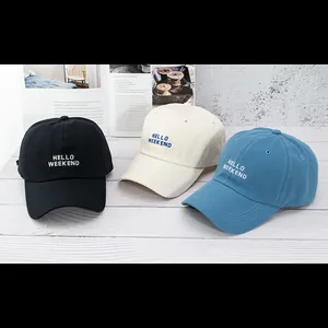 Classic cotton baseball caps in black beige and blue with HELLO WEEKEND embroidery