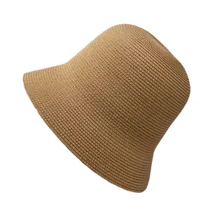 Breathable khaki woven straw bucket hat for women with minimalist retro bell-shaped design