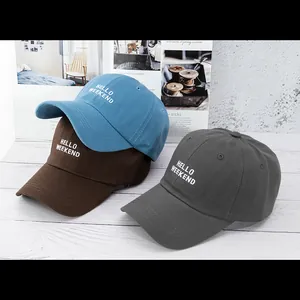 Classic cotton baseball caps in blue, brown and grey with Hello Weekend embroidery