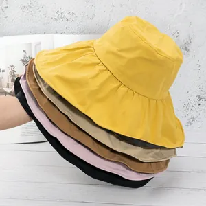 Women Wide Brim Bucket Hat UV Protection Sun Hat With Black Vinyl Coating Foldable Outdoor Beach Hat Korean Style Casual Hat
