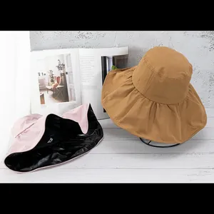 UV protection wide brim sun hats for women in khaki and pink with black glue coating