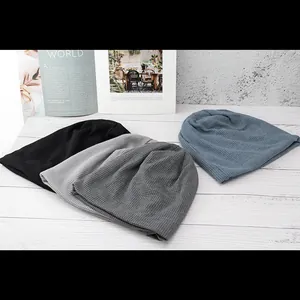 Minimalist waffle knit beanie set in black, grey and blue for men and women
