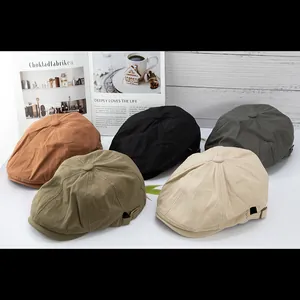 Vintage Cotton Newsboy Cap For Men Women Adjustable Metal Buckle Eight Panel Solid Color Beret Hat Retro Painter Cap