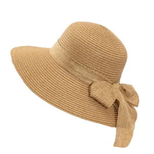 Chapeau de soleil en paille à large bord pour femme avec grand nœud pour la plage