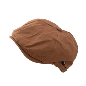 Classic brown cotton newsboy cap with adjustable metal buckle on solid white background