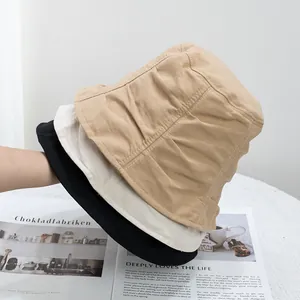 Women Casual Polyester Pleated Bucket Hat Sun Protection Folding Fisherman Hat Solid Color Outdoor Beach Shading Cap