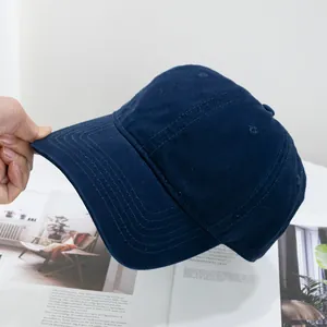 Detailed view of dark blue cotton baseball cap with quality stitching and curved brim