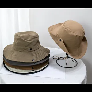 Outdoor wide brim sun hats for men and kids in khaki, grey, and black with chin straps