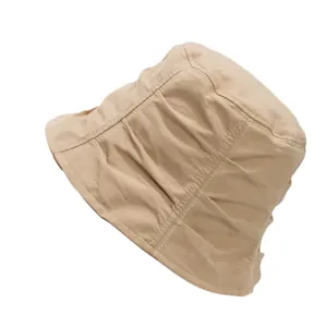 Foldable khaki pleated bucket hat for women with wide brim for summer sun protection