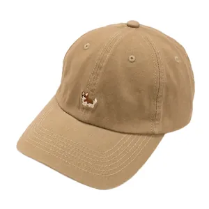 Khaki cotton baseball cap featuring a cute embroidered corgi on the front panel