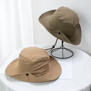 Outdoor sun hats in khaki colors with wide brim and adjustable windproof cord