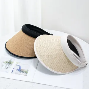 Women's UV protection straw sun visor hats in khaki and beige for summer outdoors