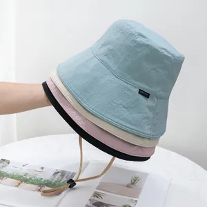 Women Summer Reversible Bucket Hat UV Protection Breathable Nylon Fisherman Cap With Adjustable Windproof Rope For Travel Beach