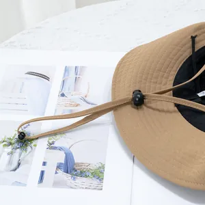 Khaki wide brim outdoor sun hat with adjustable chin strap and breathable mesh lining