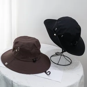 Detail of wide brim sun hat with side snaps and metal breathable vents for outdoor use