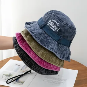 Vintage Washed Cotton Bucket Hat With Windproof Rope Embroidered Letter Sun Protection Outdoor Fishing Hat For Women