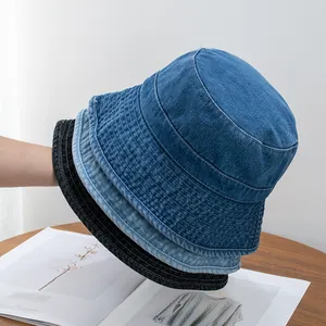 Womens Washed Denim Bucket Hat Cotton Sun Protection Fisherman Cap With Stitched Brim Adjustable Retro Casual Sun Hat