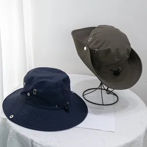 Quick-dry outdoor sun hat with wide brim and adjustable drawstring in navy and olive green
