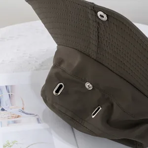 Close-up of quick-dry sun hat with metal ventilation eyelets and reinforced stitching