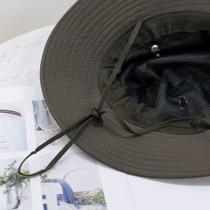 Wide brim olive green fishing hat with windproof drawstring and breathable mesh lining