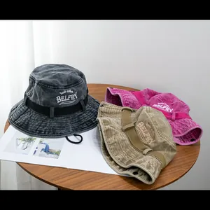 Vintage rose pink and khaki washed cotton hiking bucket hats with custom embroidery