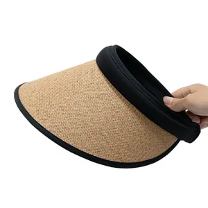 UV protection straw wide brim sun visor with flexible black headband and natural woven texture