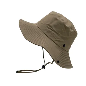 Khaki outdoor sun hat with wide brim and adjustable chin strap for hiking and camping