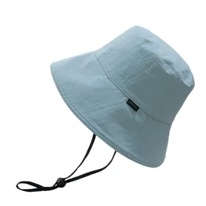 Light blue wide brim sun hat for women with adjustable chin strap and UV protection