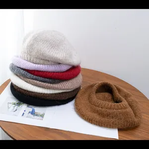 Mohair knit beret for women in multiple colors with warm fuzzy wool texture for autumn winter
