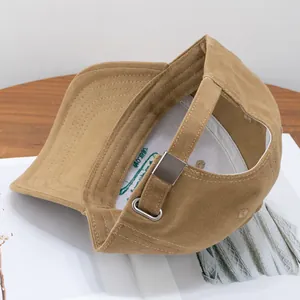 Detail of khaki brushed cotton cap with adjustable silver buckle and green embroidery