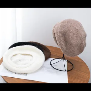 Women's mohair knit beret hat in khaki, beige, black, and brown for autumn and winter