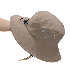 Quick-dry drawstring sun hat with breathable vents and wide brim for outdoor hiking