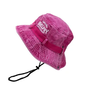 Vintage rose red washed cotton bucket hat with white embroidery and adjustable chin cord