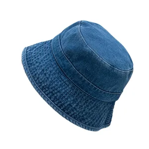 Classic dark blue denim bucket hat for women with minimalist street style stitching