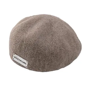 Retro camel wool newsboy hat for women with minimalist brand plaque detail