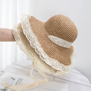 Chapeau de Paille en Papier Pastoral Français pour Femmes Avec Large Bord Dentelle Élégant Lacet à Nouer Protection Solaire Pliable Plage Été