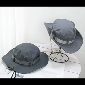 Dark gray wide brim sun hat with mesh vents and chin strap for hiking or camping