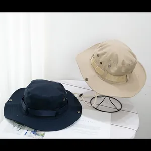Detail of wide brim sun hats featuring metal vents and adjustable windproof chin straps